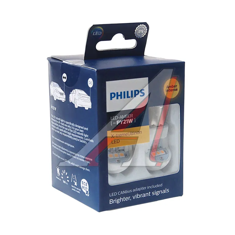 Лампа светодиодная 12V PY21W BAU15s желтая (2шт.) AMBER Intense с обманкой CANbus PHILIPS-0
